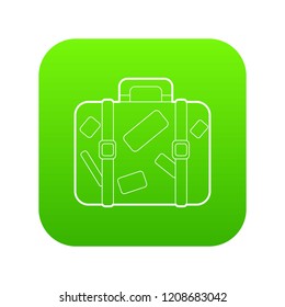 Travel suitcase with stickers icon green vector isolated on white background