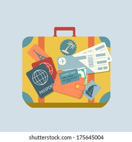 Travel suitcase with stickers passport and plane tickets isolated vector illustration