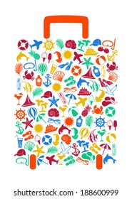 travel suitcase of summer icons on white background