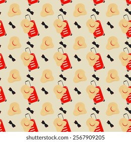 Travel suitcase, sunglasses and Wide brimmed hat Seamless pattern. Touristic background or wallpaper