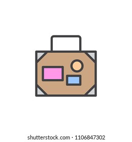 Travel Suitcase with tags filled outline icon, line vector sign, linear colorful pictogram isolated on white. Luggage with labels symbol, logo illustration. Pixel perfect vector graphics