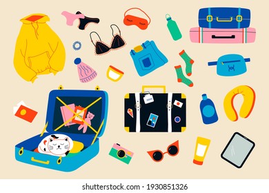 Travel suitcase. Tourism luggage and trendy clothes, travel accessories for adventure holidays. Vector doodle tourist suitcase set