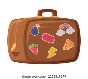 Travel Suitcase or Trunk as Packed Luggage for Traveling with Stickers Vector Illustration