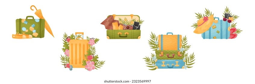 Travel Suitcase and Trunks with Vacation Symbols Vector Set