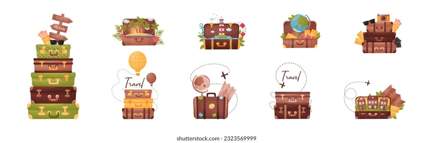 Travel Suitcase and Trunks with Vacation Symbols Vector Set