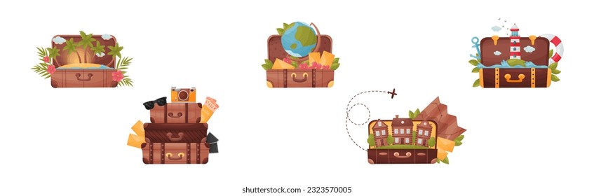 Travel Suitcase and Trunks with Vacation Symbols Vector Set