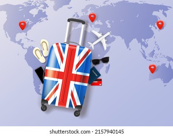 Travel suitcase with united kingdom flag and travel accessories. 3d vector concept