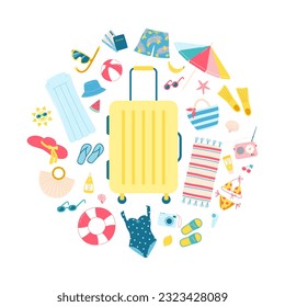 Travel suitcase with vacation accesories and clothes around it. Vector Illustration of packing a suitcase for vacation