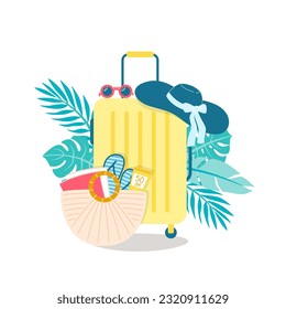 Travel suitcase with vacation accesories and tropical leaves on the background. Vector Illustration of summer travel