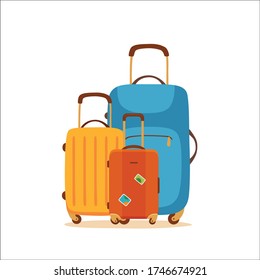 Travel Suitcase Vector Cartoon Colorful Concept. Tourists Packing Luggage For Business Journey Illustration. Design Template For Airport, Ticket Sales, Vacation, Recreation, Voyage, Handbag For Trip.