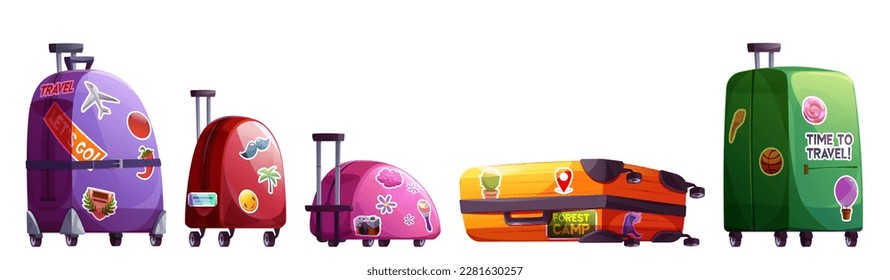 Travel suitcase vector illustration. Isolated cartoon tourist bag and luggage for vacation trip. Case on wheel with camera and airplane sticker icon collection. Large and small different baggage.