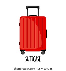 Travel suitcase with wheels in flat style isolated on white background. Red luggage icon for trip, tourism, voyage or summer vacation.