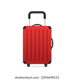 Travel suitcase with wheels in flat style isolated on white background. Red luggage icon for trip, tourism, voyage or summer vacation. Artistic design of a traveler's luggage. Vector illustration