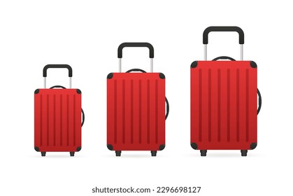 Travel suitcase with wheels. A set of suitcases from small to large. Red luggage icon for trip, tourism, voyage or summer vacation. Artistic design of a traveler's luggage. Vector illustration