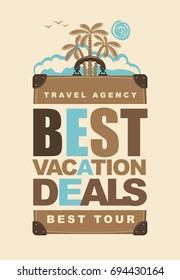 Travel suitcase with the words best vacation deals and landscape with palm trees on the island. Vector illustration on the travel theme.