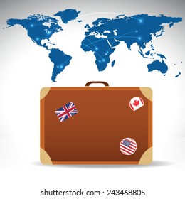 Travel Suitcase with world map. Vector image.