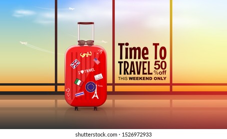 Travel suitcases in airport terminal on sunshine sky with clouds and flying planes. Time to travel. Vacation banner.  