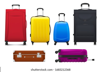 Travel suitcases and bags, luggage isolated vector of tourism, vacation trip and journey design. Realistic trolley cases, old leather briefcase and hard shell upright spinners with handles, wheels