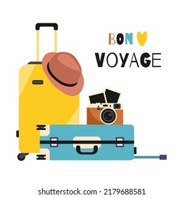 Travel Suitcases, camera and hat. Inscription Bon Voyage. Isolated Elements for your Travel design. Flat vector illustration.