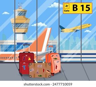 Travel suitcases inside of airport with a plane, control tower, cityscape in background. Travel, vacation, Business trip concept. Vector illustration in flat design.