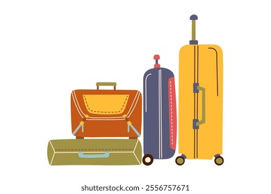 Travel suitcases isolated on white. Concept of family travel, vacation, business trip. Vector hand drawn illustration in flat style.	