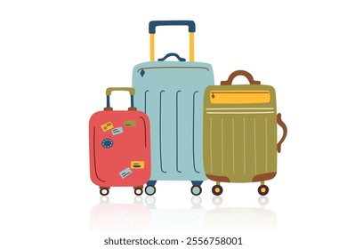 Travel suitcases isolated on white. Concept of family travel, vacation, business trip. Vector hand drawn illustration in flat style.