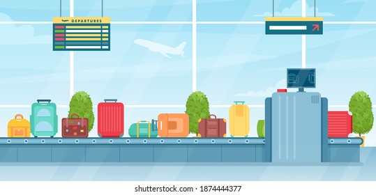 Travel suitcases on baggage conveyor belt in airport vector illustration. Cartoon passenger luggage bags waiting for tourist travelers after airplane flight in arrival terminal interior background