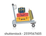 Travel suitcases on luggage cart isolated on white. Concept of family travel, vacation, business trip. Vector hand drawn clipart in flat style.