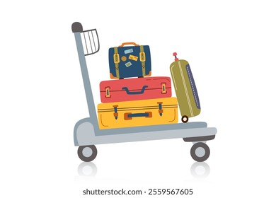 Travel suitcases on luggage cart isolated on white. Concept of family travel, vacation, business trip. Vector hand drawn clipart in flat style.