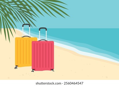 travel suitcases on the tropical sandy beach, Paid Time Off, vacation concept- vector illustration