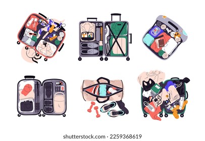 Maletas de viaje. Equipaje, equipaje de mano relleno con ropa, vacaciones y accesorios de negocios. Bolsa abierta para turistas llena de artículos repletos. Ilustraciones vectoriales planas aisladas en fondo blanco