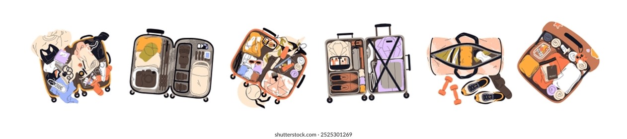 Malas de viagem ajustadas. A bagagem aberta está cheia de roupas, coisas para viagem. Bolsa de esporte, encomenda e bagagens de mão embalada para excursão de férias. Ilustrações de vetor isoladas planas sobre fundo branco