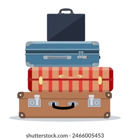 Maletas de viaje apiladas. Ilustración para viajes, vacaciones, viajes. Vacaciones de maletas. Ilustración vectorial en estilo plano