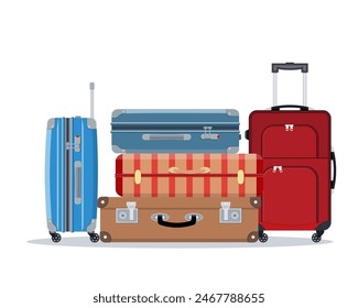 Travel suitcases stacked. Illustration for travel, holidays, trips. Suitcases vacation. Vector illustration in flat style