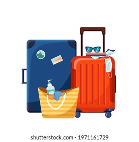 Travel suitcases and tote bag with sanitizer and medical gloves. Travelling during pandemic COVID-19 concept. Vector illustration isolated on white background