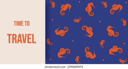 Diseño de fondo de verano con espacio de copia. Isla tropical playa tema marino. Patrón de caballito de mar en color africano de moda. Ilustración vectorial para agencias de viajes, Web y redes sociales.