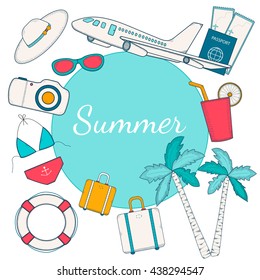 Travel, summer background with plane, palms, passport, ticket, bikini, hat, sun glasses, bag, lifebuoy. Colorful