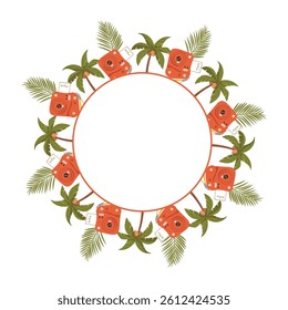 Travel summer banner with copy space and travel objects, palm leaves, palm tree, camera. Concept of travel and vacation, trip to sea, holidays. Flat vector frame template isolated on white background.