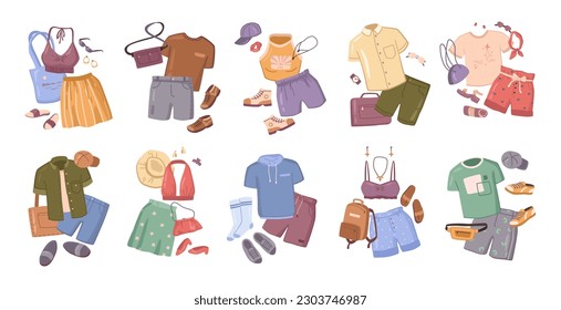 Travel summer beach clothes set, fashion look items. Vector illustration of tropical shoes and shirts, dresses and hats, socks and trousers. Female and male summer cloth staff