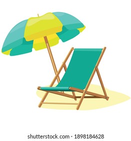 Travel and summer beach holidays. Vector image of a beach chaise longue and umbrella.