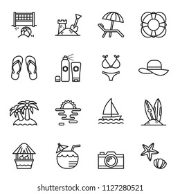 travel and summer beach icon set  with white background. Thin Line Style stock vector.