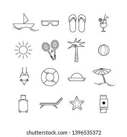 Travel and summer beach icon set. Linear art. Hand-drawn. Flat design. Vector illustration.