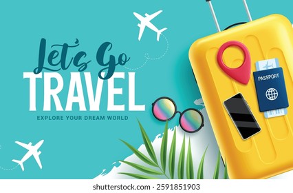 Travel summer clipart design. Travel and tour international clip art with bag luggage, mobile phone, passport, ticket and sunglasses elements in blue background vector illustration.  