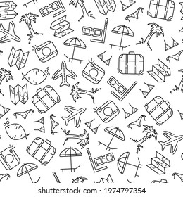 Travel summer elements hand drawn seamless pattern. Summer doodle background