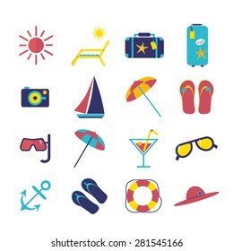 Travel summer flat icon illustration set. Flat design style modern vector illustrations of traveling on airplane, planning a summer vacation, tourism and journey objects