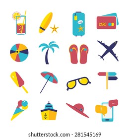 Travel summer flat icon illustration set. Flat design style modern vector illustrations of traveling on airplane, planning a summer vacation, tourism and journey objects