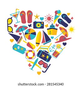 Travel summer flat icon illustration heart shape. Flat design style modern vector illustration of traveling on airplane, planning a summer vacation, tourism and journey objects
