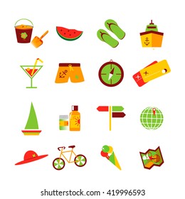 Travel summer flat icon illustration set. Flat design style modern vector illustrations of traveling on airplane, planning a summer vacation, tourism and journey objects