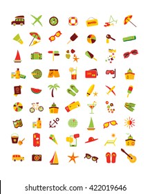 Travel summer flat icon illustration set. Flat design style modern vector illustrations of traveling on airplane, planning a summer vacation, tourism and journey objects