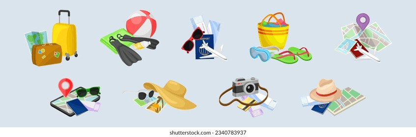Conjunto de composición de vectores de objetos de vacaciones de verano y viajes